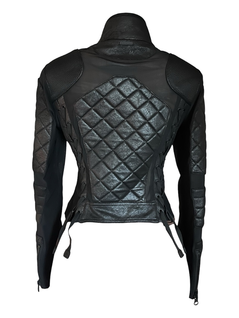 BLANC NOIR CLASSIC BLACK QUILTED GENUINE LEATHER MESH MOTO JACKET - Picture 5 of 12